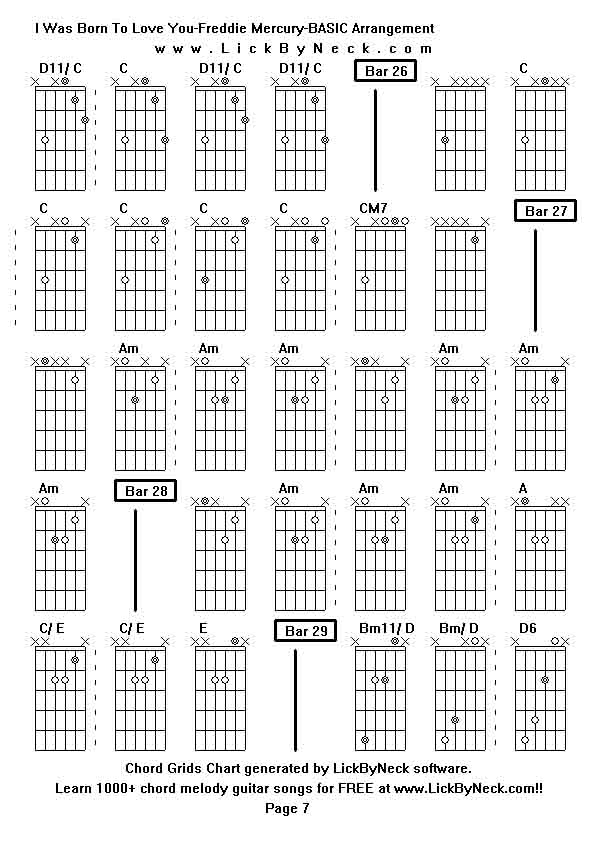 Chord Grids Chart of chord melody fingerstyle guitar song-I Was Born To Love You-Freddie Mercury-BASIC Arrangement,generated by LickByNeck software.